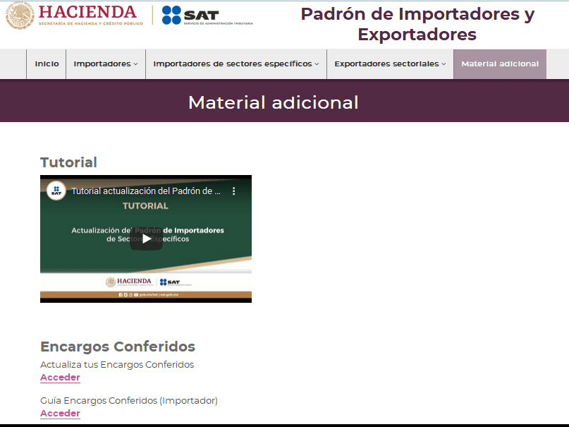 SAT Importers and Exporters Registry minisite, Material adicional section with the Actualiza tus Encargos Conferidos option.