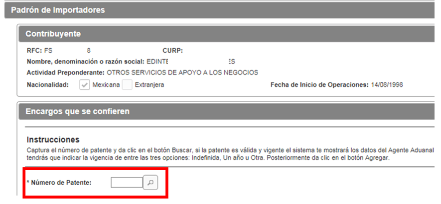 Encargos que se confieren section with the license number field and its search button.