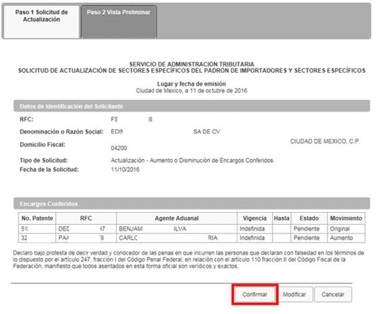 Summary of the broker-authorization update request with the license table and the Confirmar button.