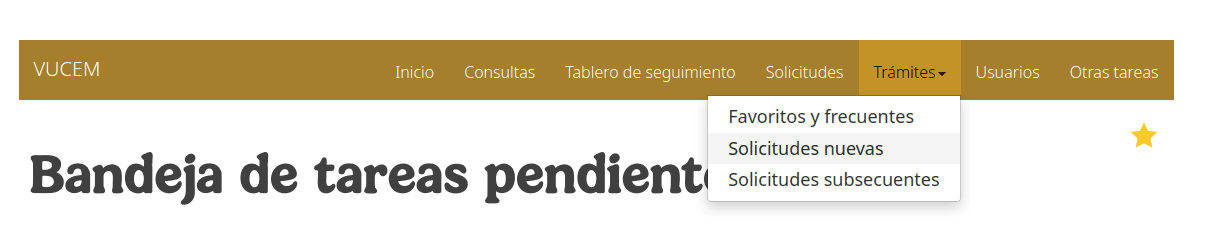 VUCEM top menu with the Trámites section open and the Solicitudes nuevas option highlighted.