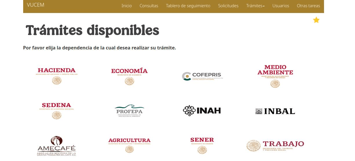 VUCEM available-filings screen listing government agencies; Hacienda is the one to select.
