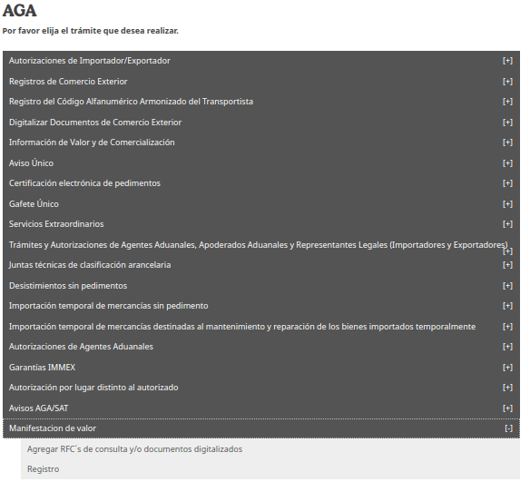 AGA filing list with Manifestación de valor expanded, showing its Registro option.