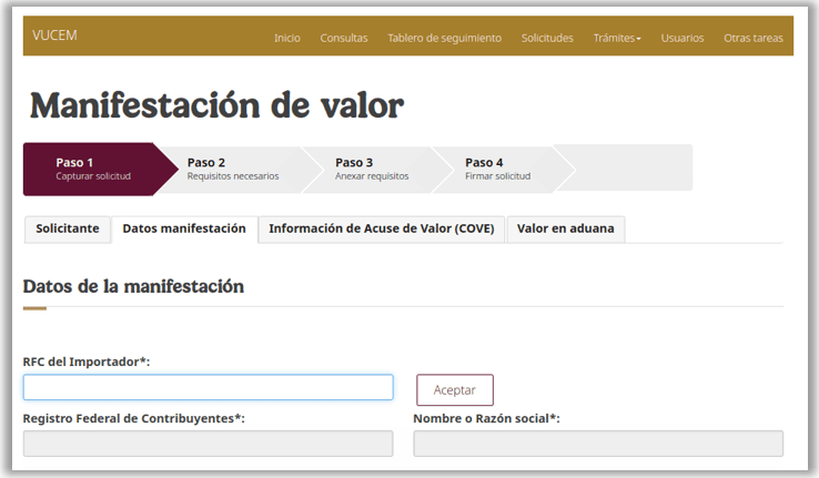 Datos de la manifestación tab with the importer RFC field and the Aceptar button.