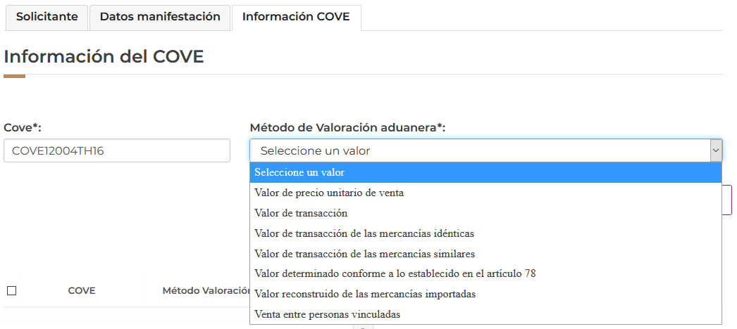 Información del COVE tab: field for the COVE folio and dropdown with the customs valuation methods.