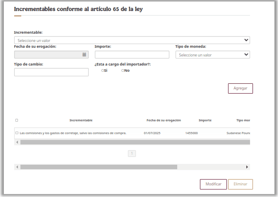 Dutiable additions section per article 65: concept, expense date, amount, currency, exchange rate and whether the importer bears it.