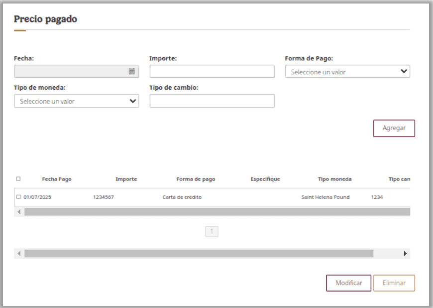 Precio pagado section: date, amount, payment method, currency and exchange rate.