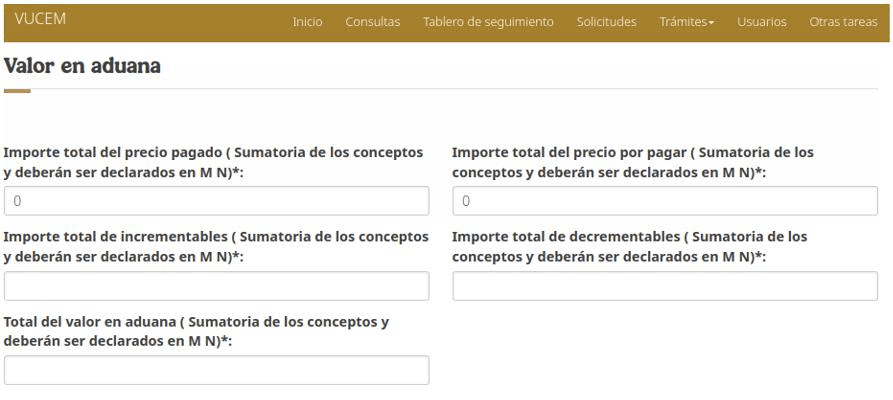 Valor en aduana tab with the total amounts: price paid, payable, additions, deductions and grand total.