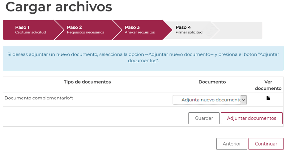 Step 3, attach documents: document-type table with Guardar and Adjuntar documentos buttons.