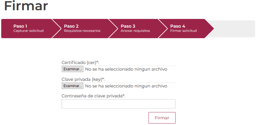 Step 4, sign the request: .cer certificate, .key private key and password fields with the Firmar button.