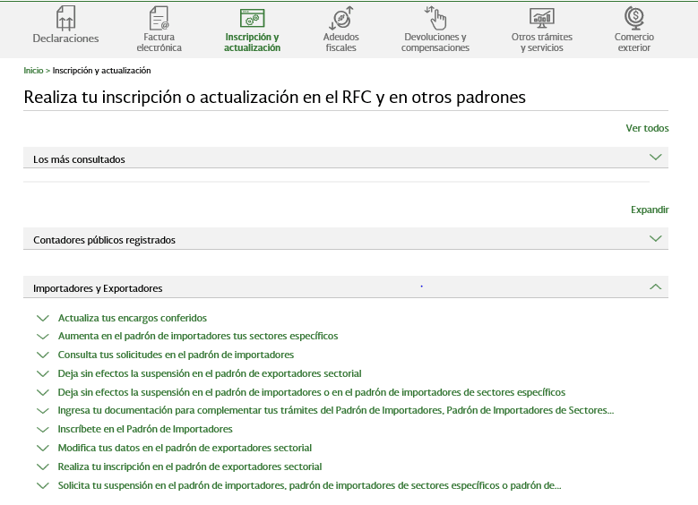 SAT portal, Importers and Exporters section, with the Inscríbete en el Padrón de Importadores option.