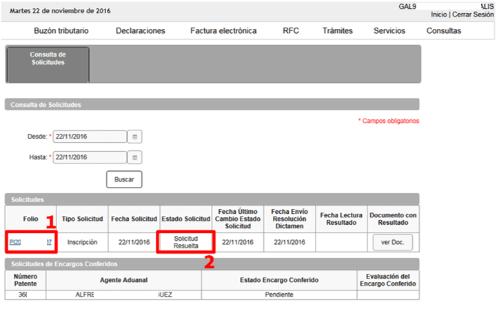 Request-lookup screen with the folio, the Solicitud Resuelta status and the Ver Doc button.