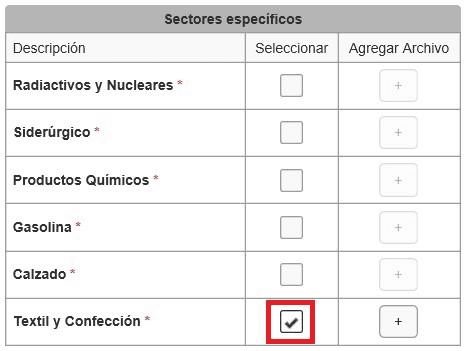 Specific-sectors table of the PISE with the Seleccionar column; the Textile sector is checked.