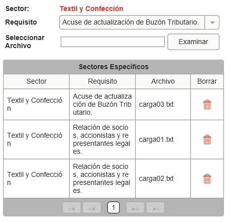 Sector form with the Requisito menu, the Examinar button and the list of attached files.