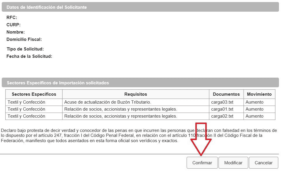 General summary of the PISE request with the requested sectors, their requirements and the Confirmar button.