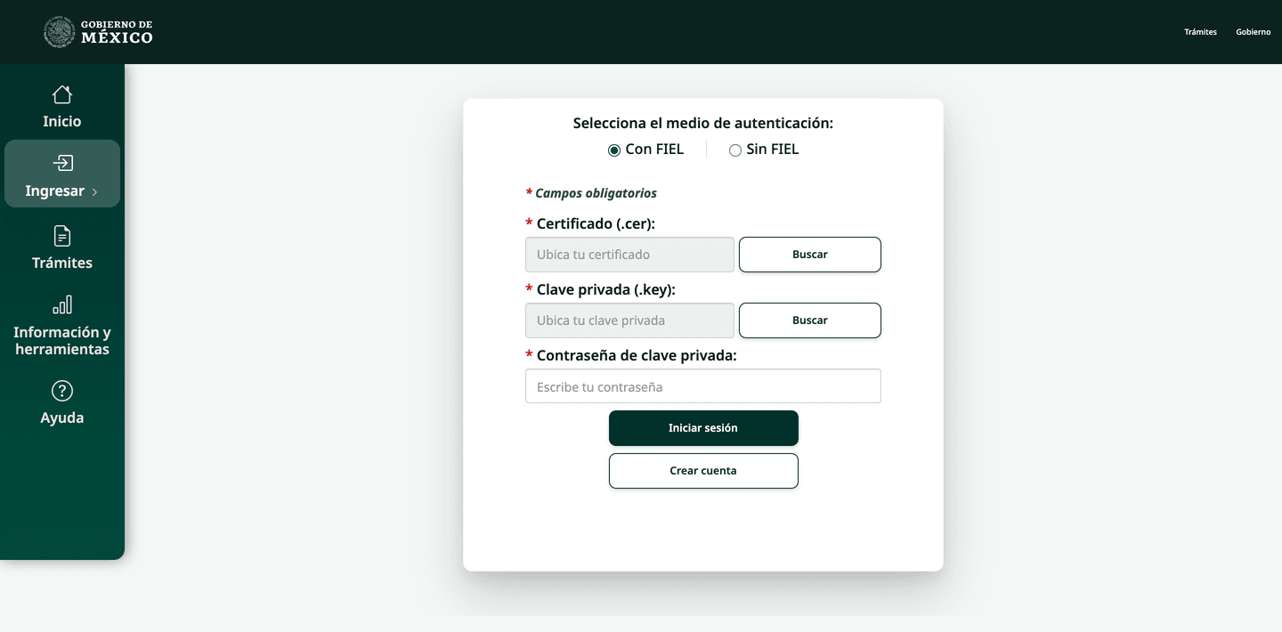 Login screen of Mexico’s foreign-trade single window: FIEL authentication selected, with fields for the .cer certificate, .key private key and password.