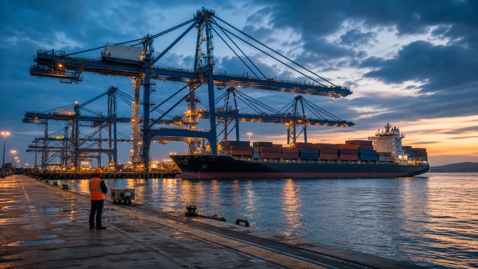 Container port at dusk